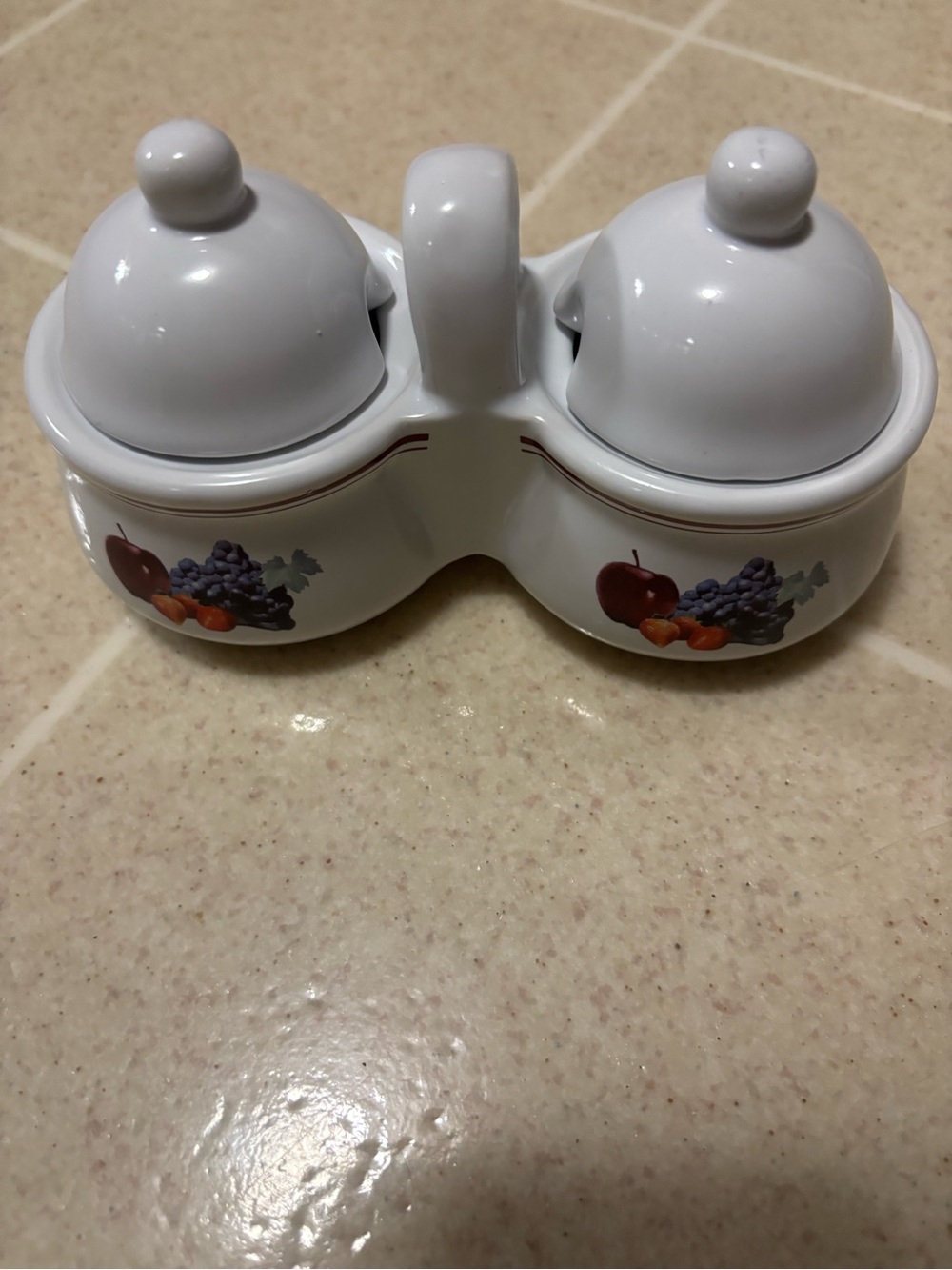 Double Ceramic Condiment Server‎ with Fruit Motif - White